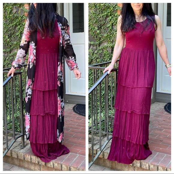 BEAUTIFUL BURGUNDY LAYERED TANK MAXI DRESS - Picture 2 of 9